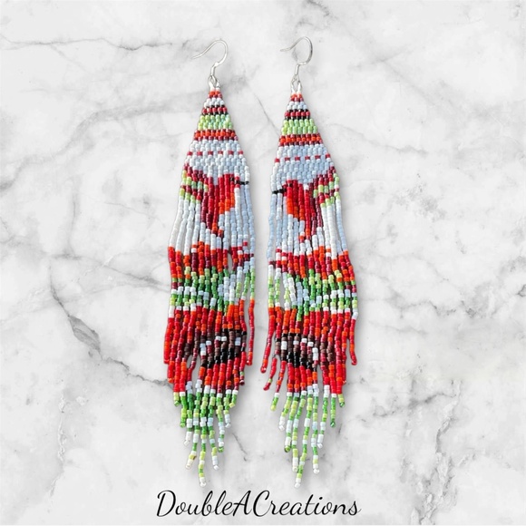 Hummingbirds over Flowers Beaded Earrings with Fringe, New, Handmade by Me - Picture 4 of 9